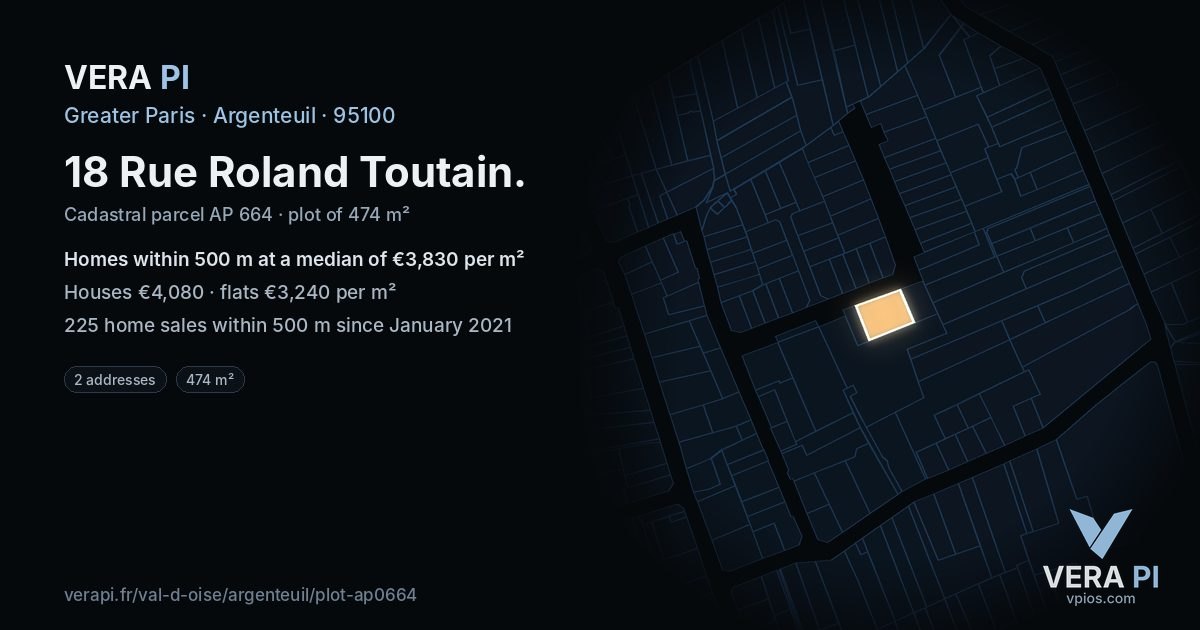 18 Rue Roland Toutain, Argenteuil at night – the plot lit, the parcels around coloured by the prices near them
