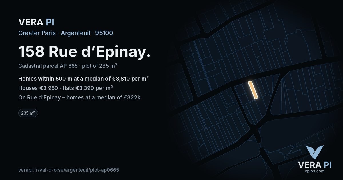 158 Rue d’Epinay, Argenteuil at night – the plot lit, the parcels around coloured by the prices near them