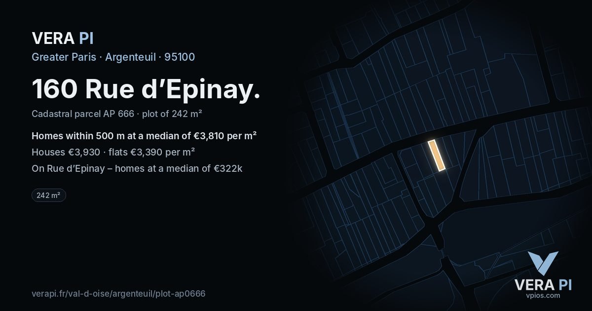 160 Rue d’Epinay, Argenteuil at night – the plot lit, the parcels around coloured by the prices near them