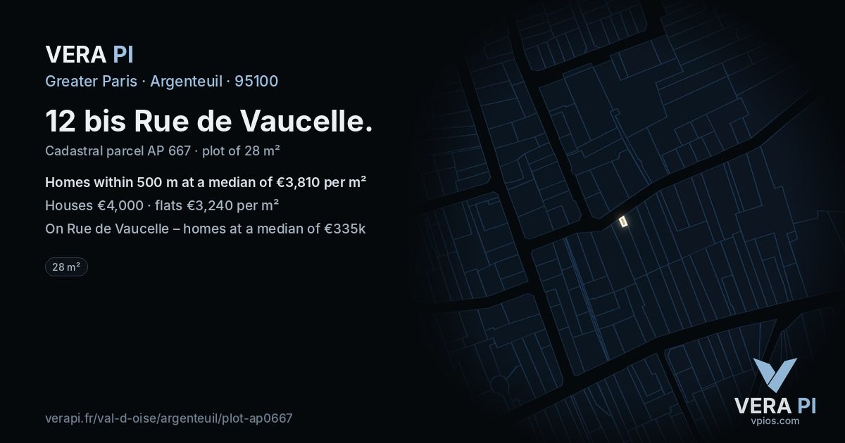 12 bis Rue de Vaucelle, Argenteuil at night – the plot lit, the parcels around coloured by the prices near them