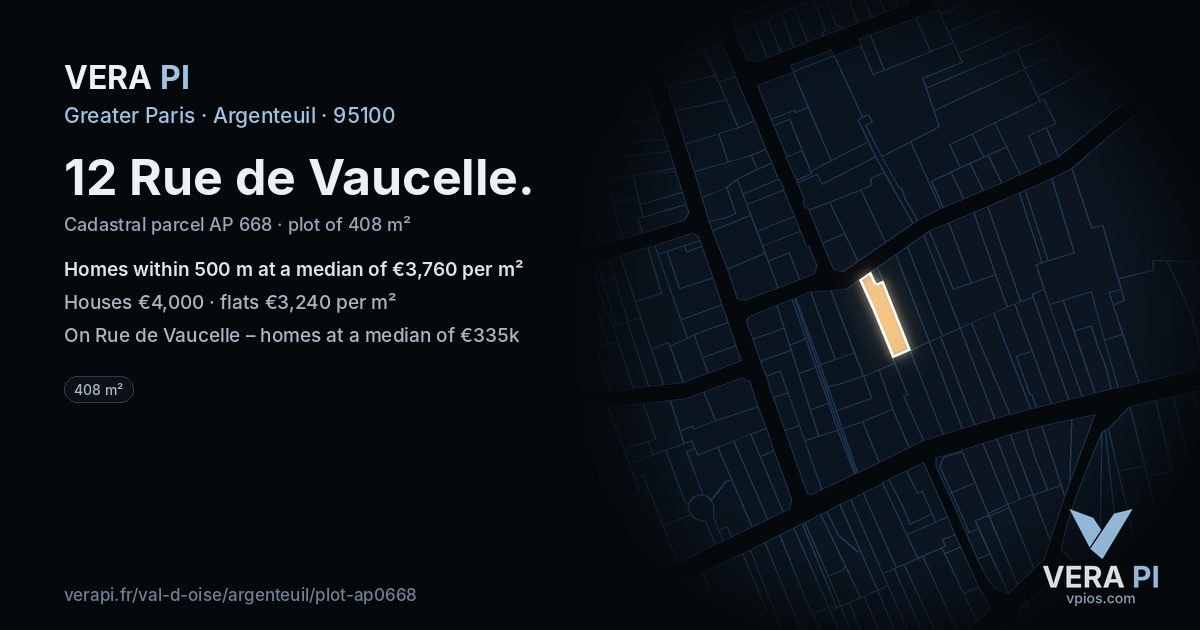 12 Rue de Vaucelle, Argenteuil at night – the plot lit, the parcels around coloured by the prices near them