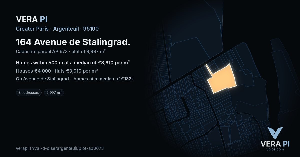 164 Avenue de Stalingrad, Argenteuil at night – the plot lit, the parcels around coloured by the prices near them