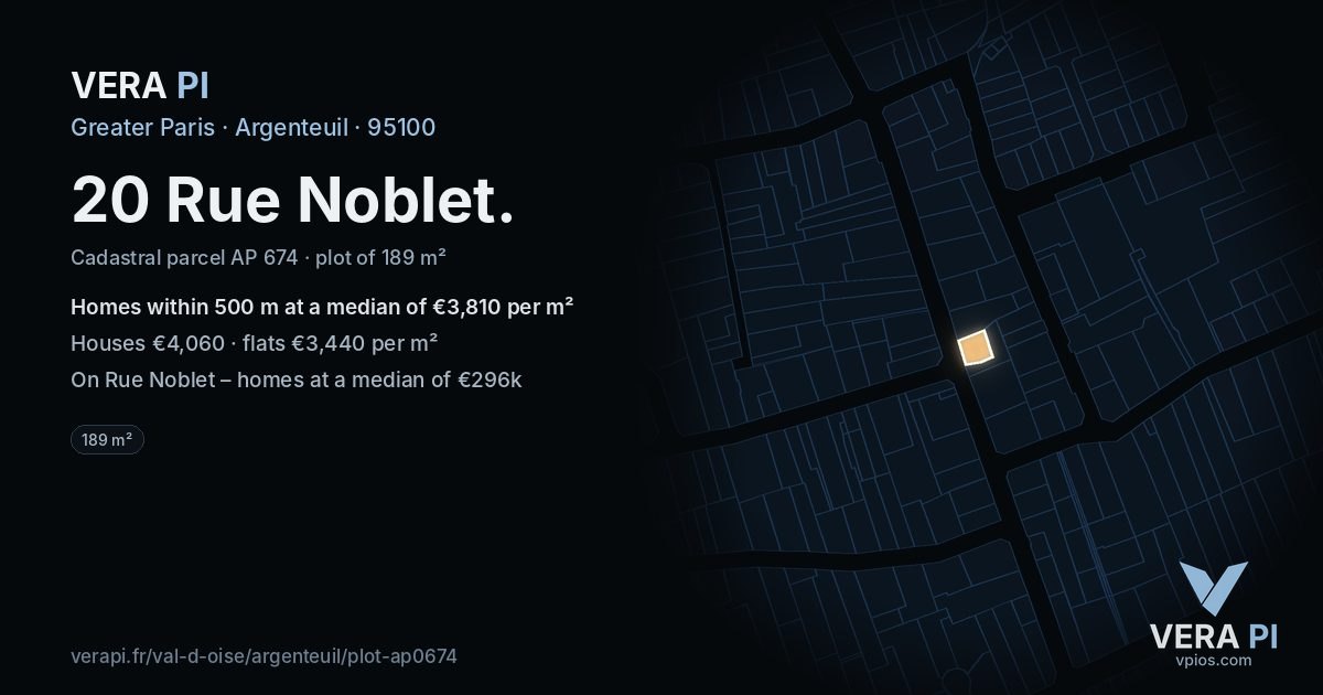 20 Rue Noblet, Argenteuil at night – the plot lit, the parcels around coloured by the prices near them