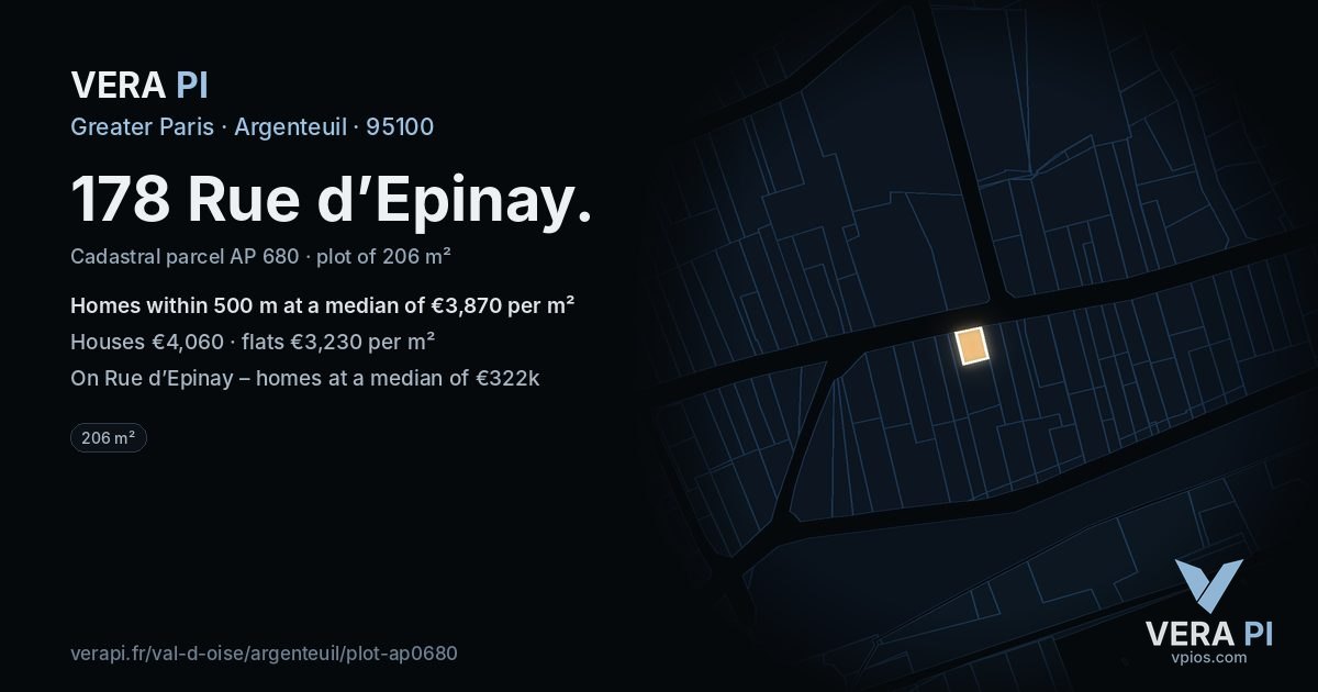 178 Rue d’Epinay, Argenteuil at night – the plot lit, the parcels around coloured by the prices near them