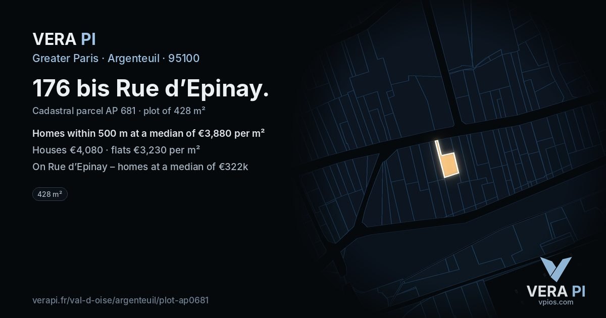 176 bis Rue d’Epinay, Argenteuil at night – the plot lit, the parcels around coloured by the prices near them