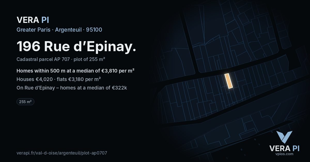 196 Rue d’Epinay, Argenteuil at night – the plot lit, the parcels around coloured by the prices near them