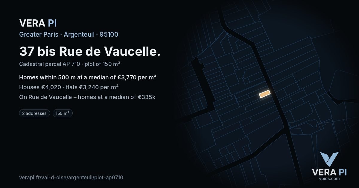 37 bis Rue de Vaucelle, Argenteuil at night – the plot lit, the parcels around coloured by the prices near them