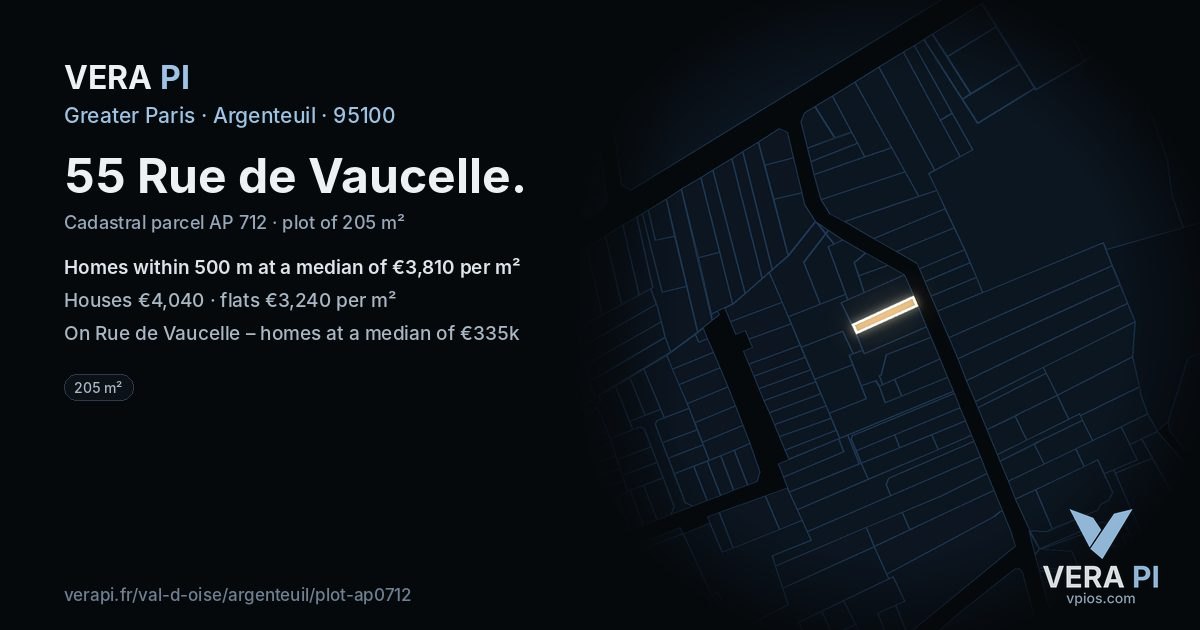 55 Rue de Vaucelle, Argenteuil at night – the plot lit, the parcels around coloured by the prices near them