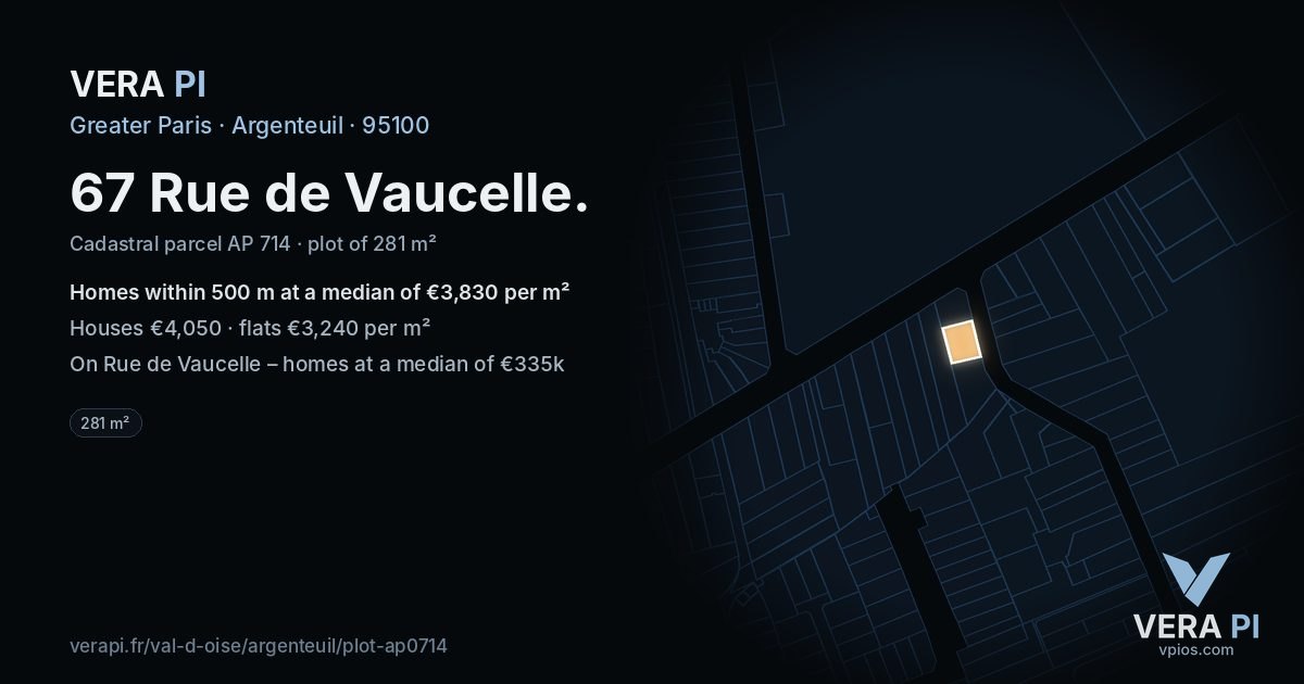 67 Rue de Vaucelle, Argenteuil at night – the plot lit, the parcels around coloured by the prices near them