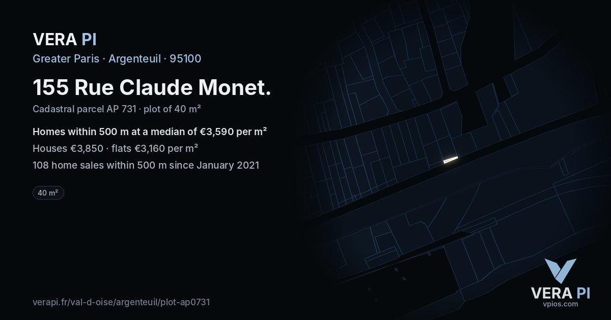 155 Rue Claude Monet, Argenteuil at night – the plot lit, the parcels around coloured by the prices near them