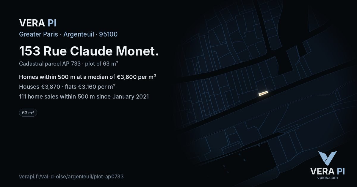 153 Rue Claude Monet, Argenteuil at night – the plot lit, the parcels around coloured by the prices near them