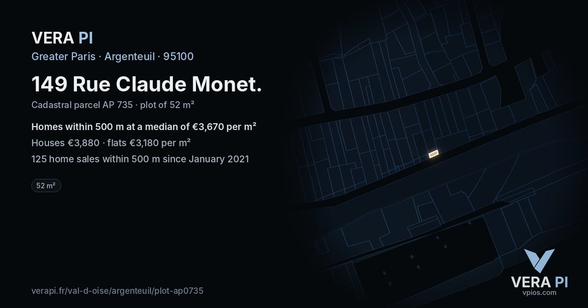 149 Rue Claude Monet, Argenteuil at night – the plot lit, the parcels around coloured by the prices near them