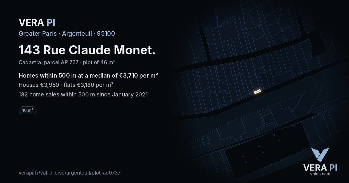 143 Rue Claude Monet, Argenteuil at night – the plot lit, the parcels around coloured by the prices near them