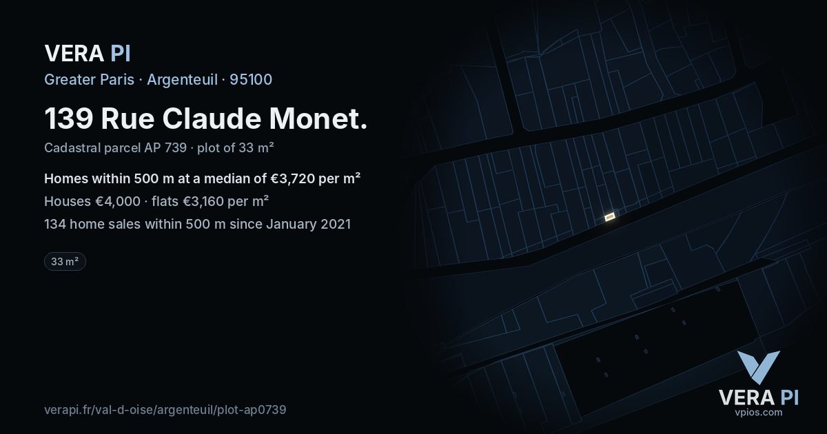 139 Rue Claude Monet, Argenteuil at night – the plot lit, the parcels around coloured by the prices near them