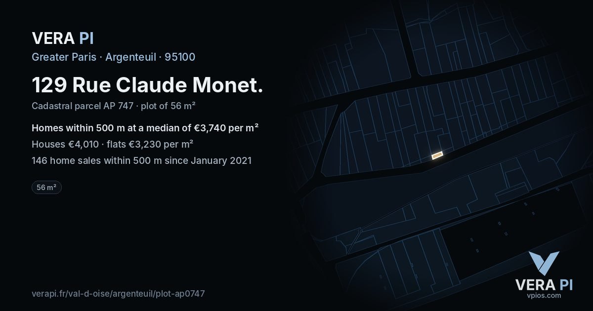 129 Rue Claude Monet, Argenteuil at night – the plot lit, the parcels around coloured by the prices near them