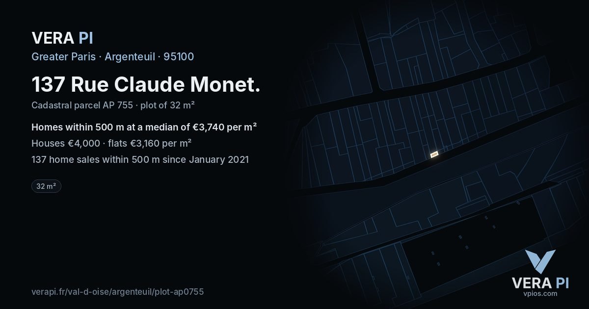 137 Rue Claude Monet, Argenteuil at night – the plot lit, the parcels around coloured by the prices near them