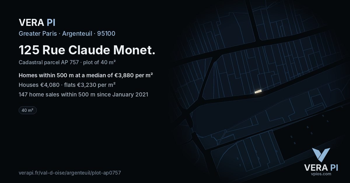 125 Rue Claude Monet, Argenteuil at night – the plot lit, the parcels around coloured by the prices near them