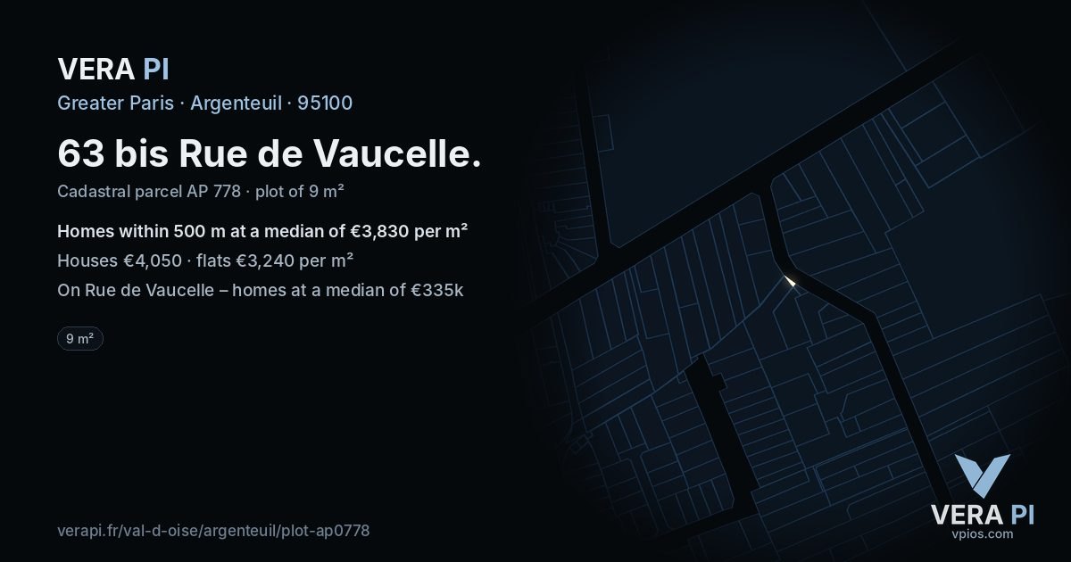 63 bis Rue de Vaucelle, Argenteuil at night – the plot lit, the parcels around coloured by the prices near them