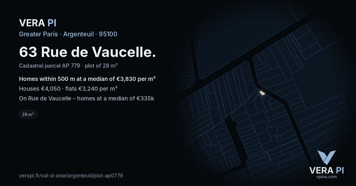 63 Rue de Vaucelle, Argenteuil at night – the plot lit, the parcels around coloured by the prices near them