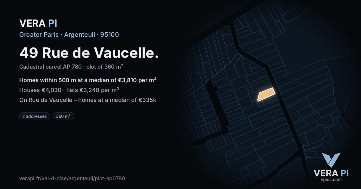 49 Rue de Vaucelle, Argenteuil at night – the plot lit, the parcels around coloured by the prices near them