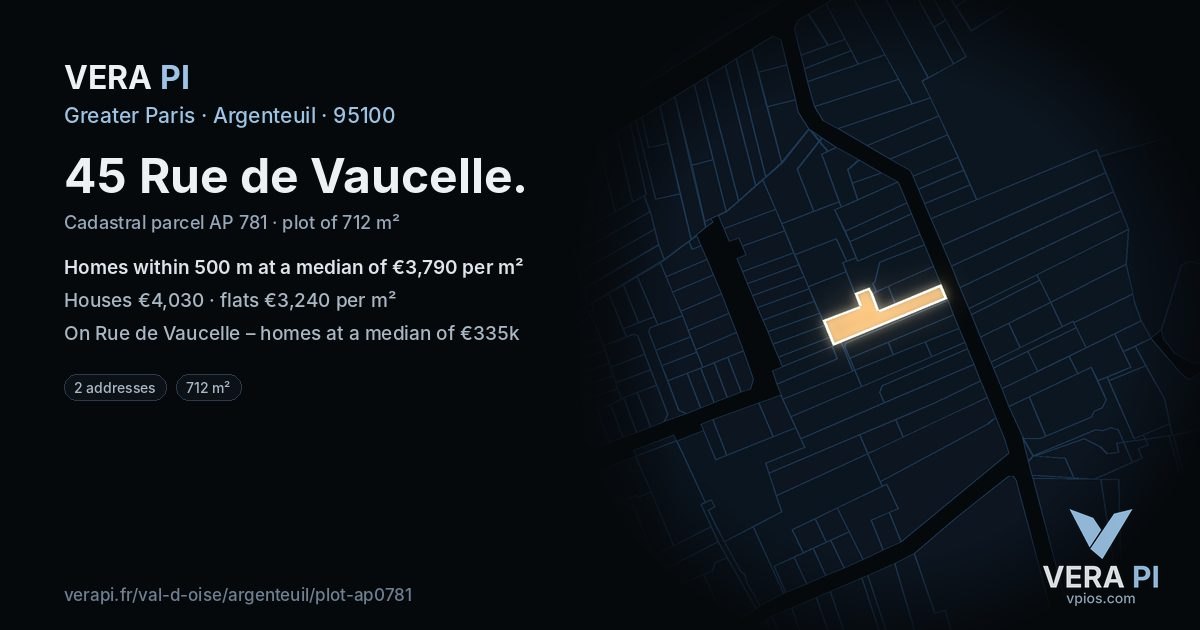 45 Rue de Vaucelle, Argenteuil at night – the plot lit, the parcels around coloured by the prices near them