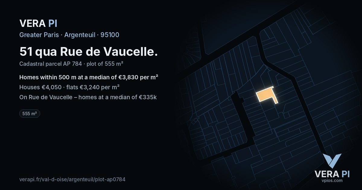 51 qua Rue de Vaucelle, Argenteuil at night – the plot lit, the parcels around coloured by the prices near them