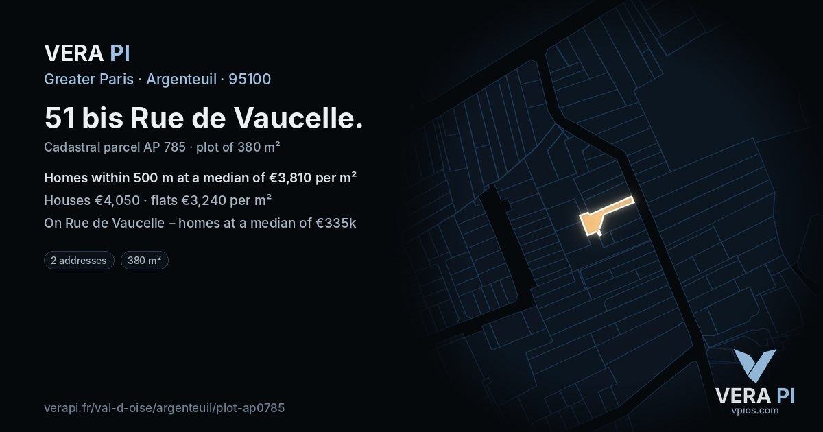 51 bis Rue de Vaucelle, Argenteuil at night – the plot lit, the parcels around coloured by the prices near them