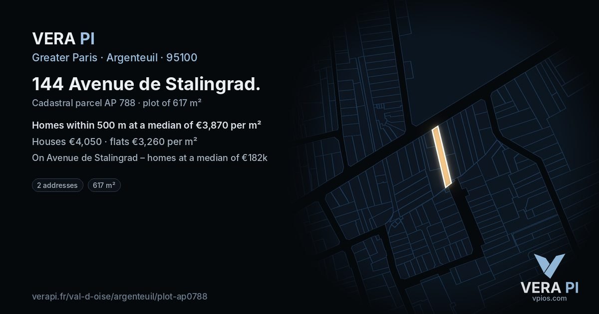 144 Avenue de Stalingrad, Argenteuil at night – the plot lit, the parcels around coloured by the prices near them