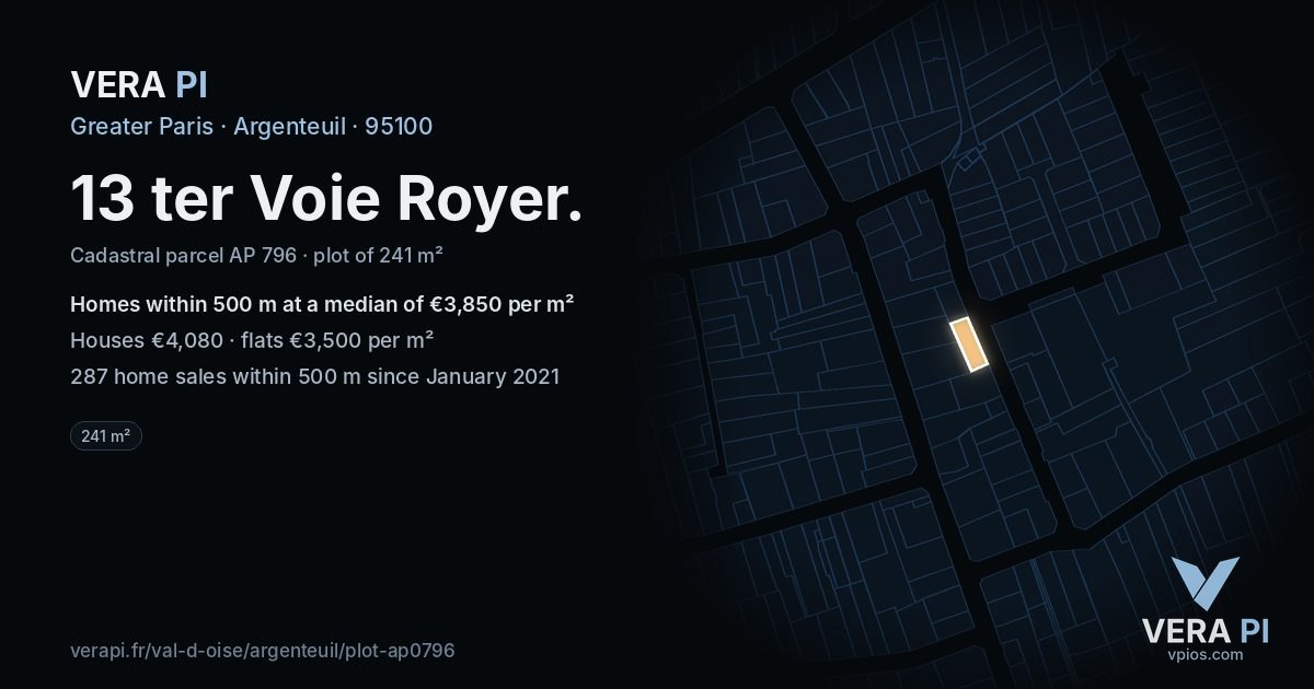13 ter Voie Royer, Argenteuil at night – the plot lit, the parcels around coloured by the prices near them