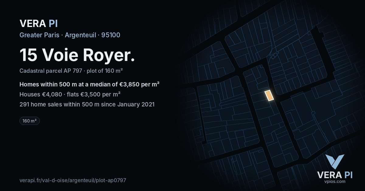 15 Voie Royer, Argenteuil at night – the plot lit, the parcels around coloured by the prices near them