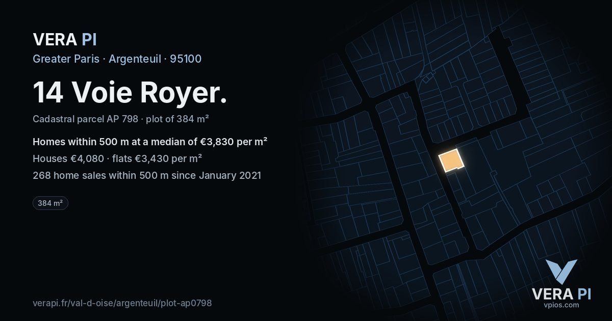 14 Voie Royer, Argenteuil at night – the plot lit, the parcels around coloured by the prices near them