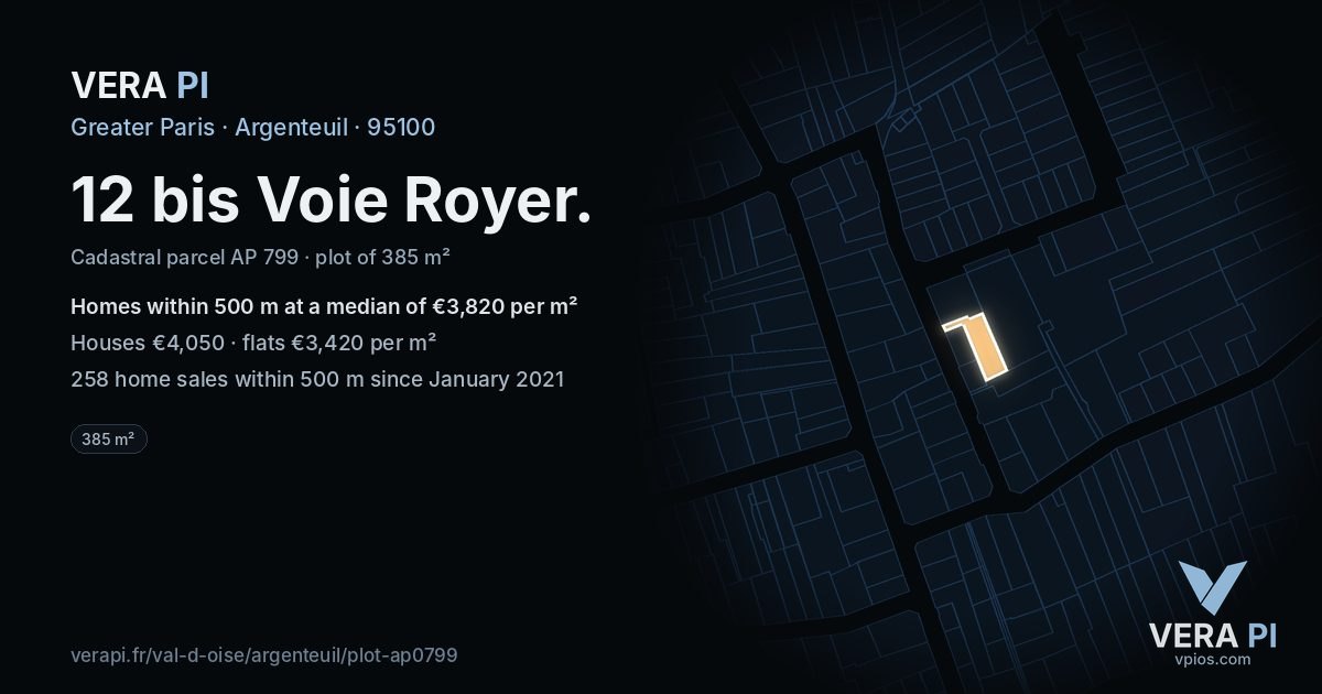 12 bis Voie Royer, Argenteuil at night – the plot lit, the parcels around coloured by the prices near them