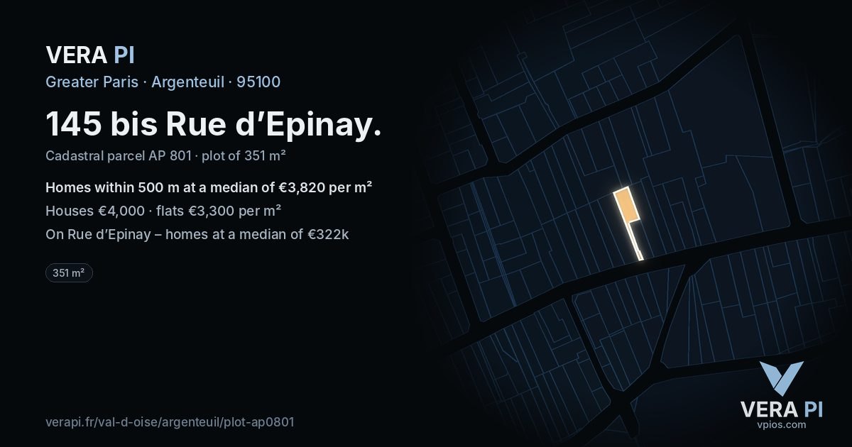145 bis Rue d’Epinay, Argenteuil at night – the plot lit, the parcels around coloured by the prices near them