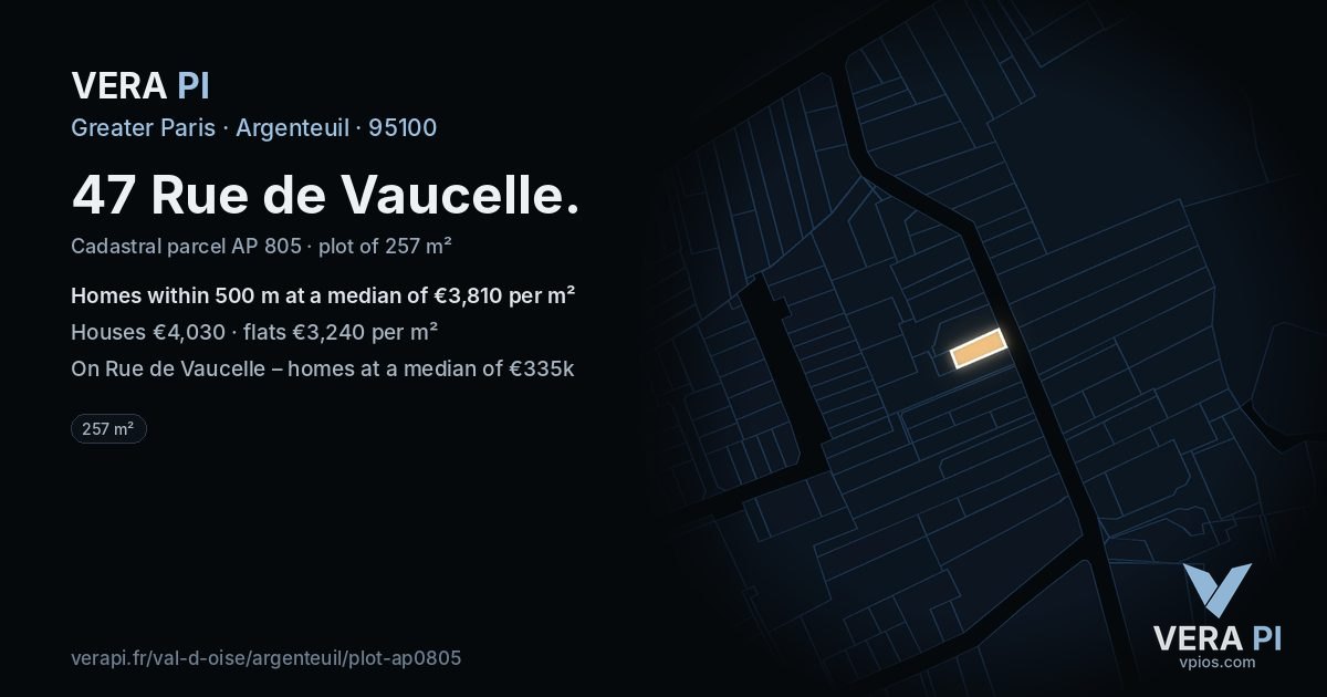 47 Rue de Vaucelle, Argenteuil at night – the plot lit, the parcels around coloured by the prices near them