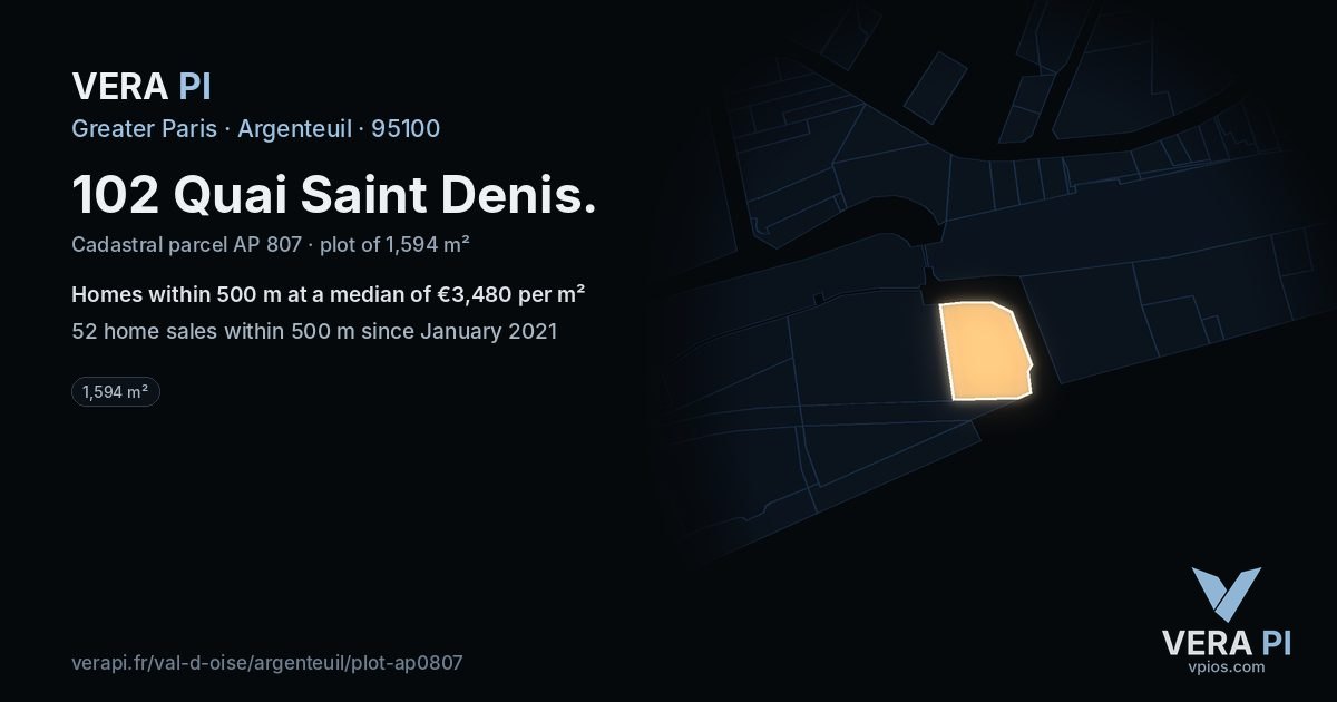102 Quai Saint Denis, Argenteuil at night – the plot lit, the parcels around coloured by the prices near them