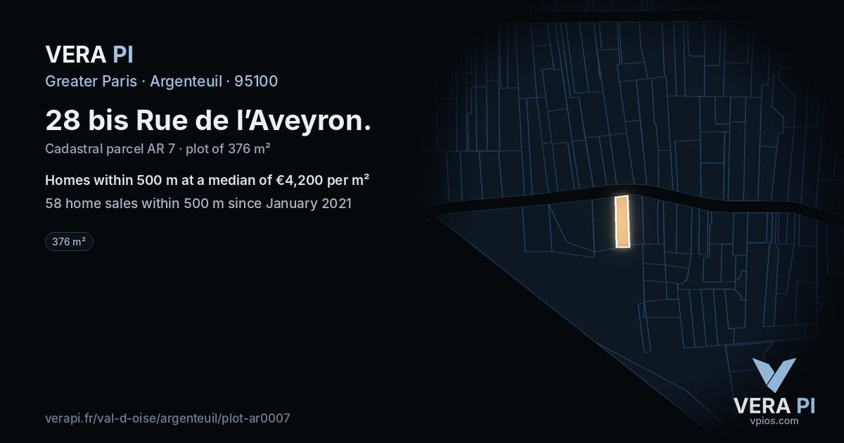 28 bis Rue de l’Aveyron, Argenteuil at night – the plot lit, the parcels around coloured by the prices near them