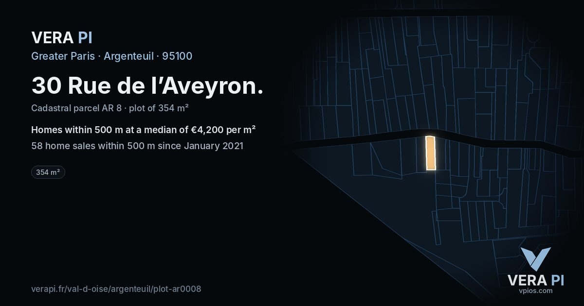 30 Rue de l’Aveyron, Argenteuil at night – the plot lit, the parcels around coloured by the prices near them