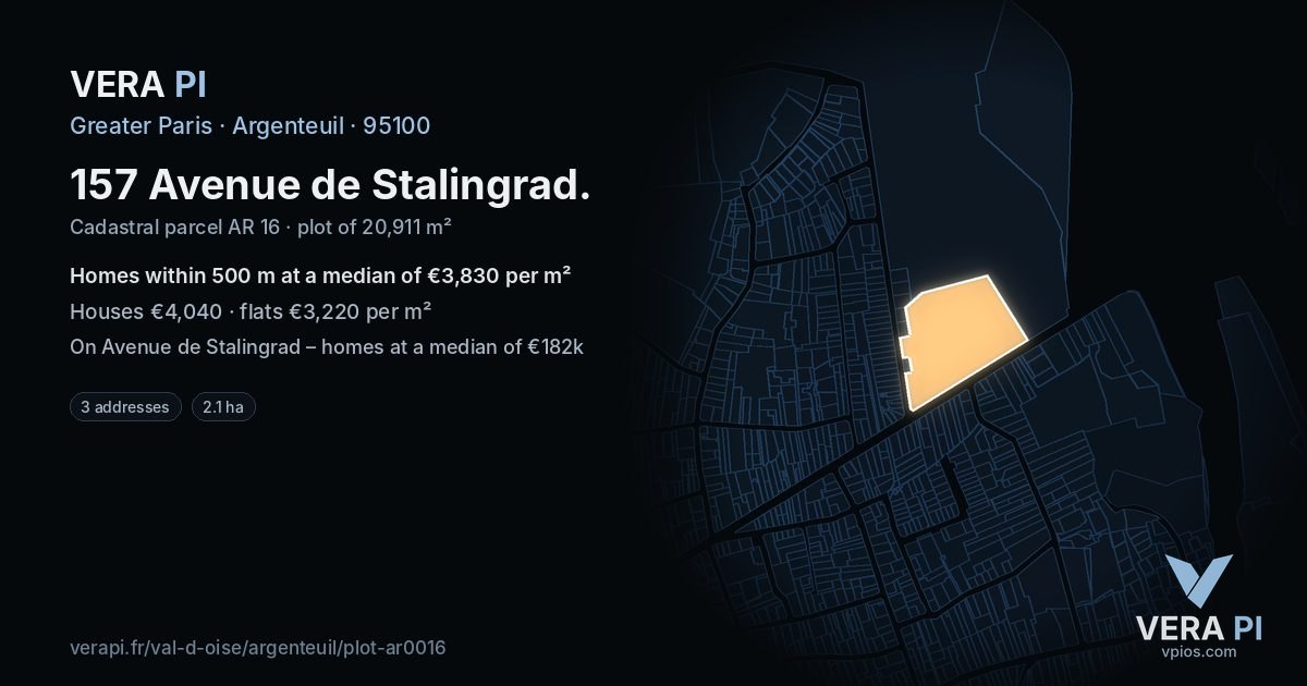 157 Avenue de Stalingrad, Argenteuil at night – the plot lit, the parcels around coloured by the prices near them