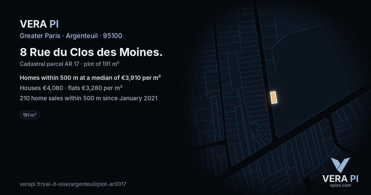 8 Rue du Clos des Moines, Argenteuil at night – the plot lit, the parcels around coloured by the prices near them