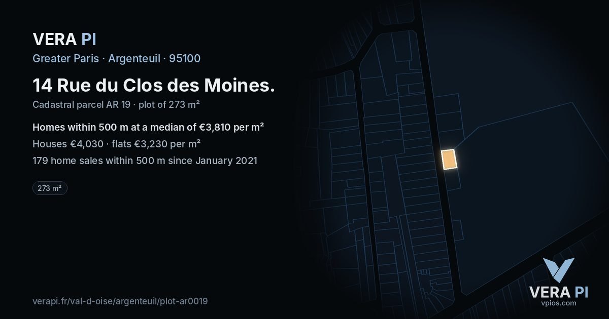 14 Rue du Clos des Moines, Argenteuil at night – the plot lit, the parcels around coloured by the prices near them