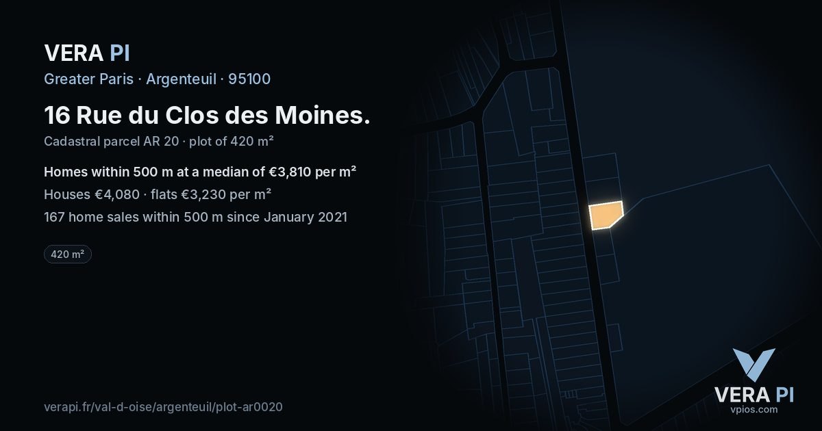 16 Rue du Clos des Moines, Argenteuil at night – the plot lit, the parcels around coloured by the prices near them