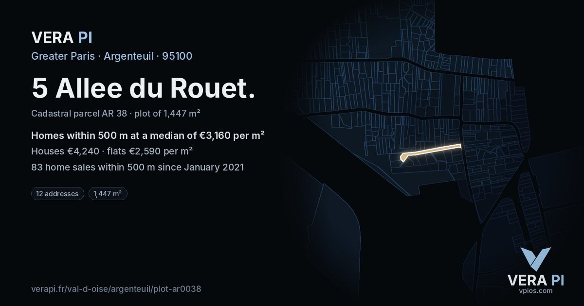 5 Allee du Rouet, Argenteuil at night – the plot lit, the parcels around coloured by the prices near them