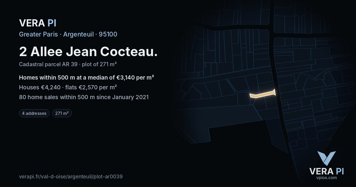 2 Allee Jean Cocteau, Argenteuil at night – the plot lit, the parcels around coloured by the prices near them