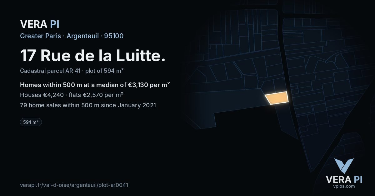 17 Rue de la Luitte, Argenteuil at night – the plot lit, the parcels around coloured by the prices near them