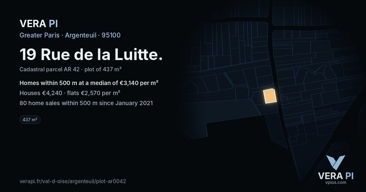 19 Rue de la Luitte, Argenteuil at night – the plot lit, the parcels around coloured by the prices near them