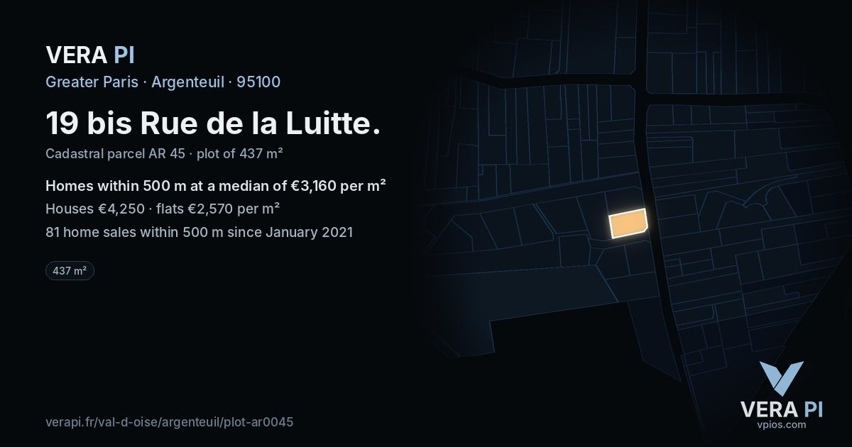 19 bis Rue de la Luitte, Argenteuil at night – the plot lit, the parcels around coloured by the prices near them