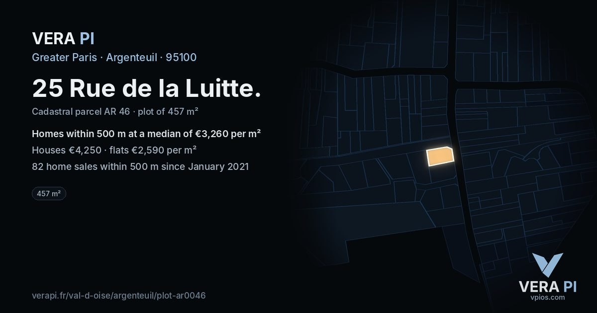 25 Rue de la Luitte, Argenteuil at night – the plot lit, the parcels around coloured by the prices near them