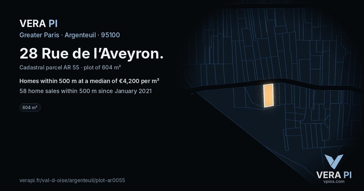 28 Rue de l’Aveyron, Argenteuil at night – the plot lit, the parcels around coloured by the prices near them
