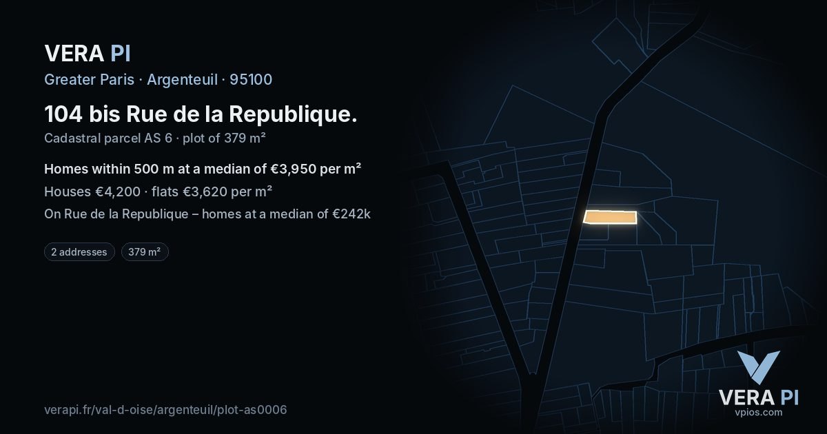 104 bis Rue de la Republique, Argenteuil at night – the plot lit, the parcels around coloured by the prices near them