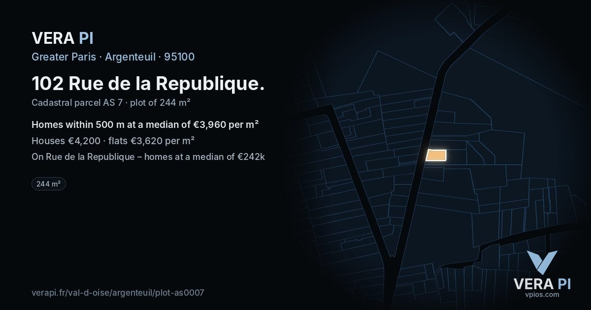 102 Rue de la Republique, Argenteuil at night – the plot lit, the parcels around coloured by the prices near them